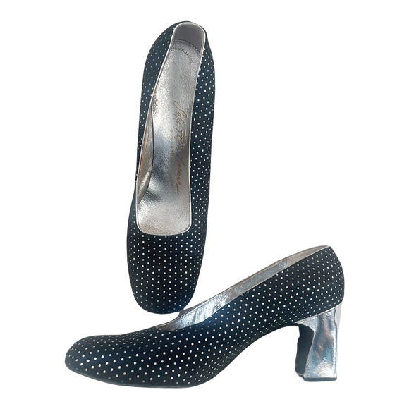 Saks Fifth Avenue Safinia Vintage 50s Black Silver Polka Dot Heels Size 8.5 - Picture 5 of 13